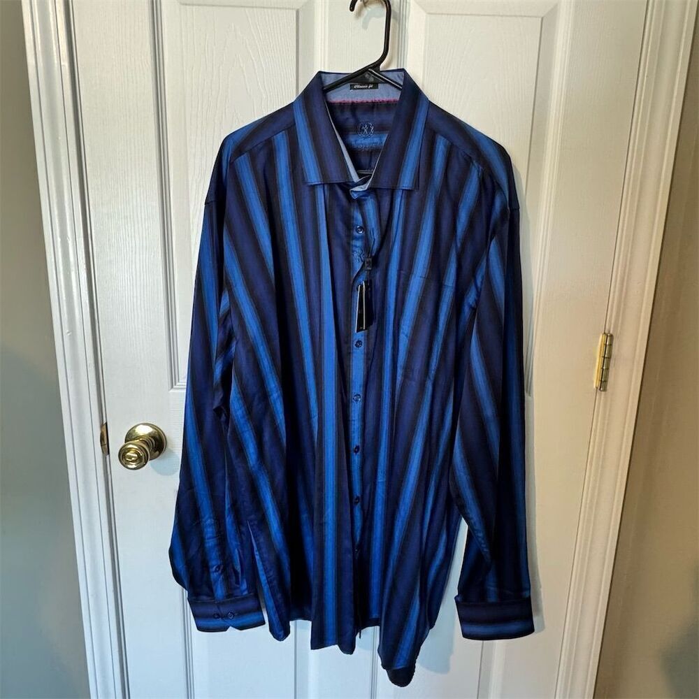 Bugatchi Uomo Formal 3XL Blue‎ Striped Long Sleeve Button-Up Shirt 100% Cotton